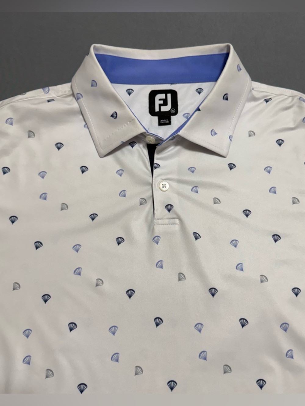 Foot Joy Men's Parachute Print Lisle Self Collar Golf Polo White Blue Size XL